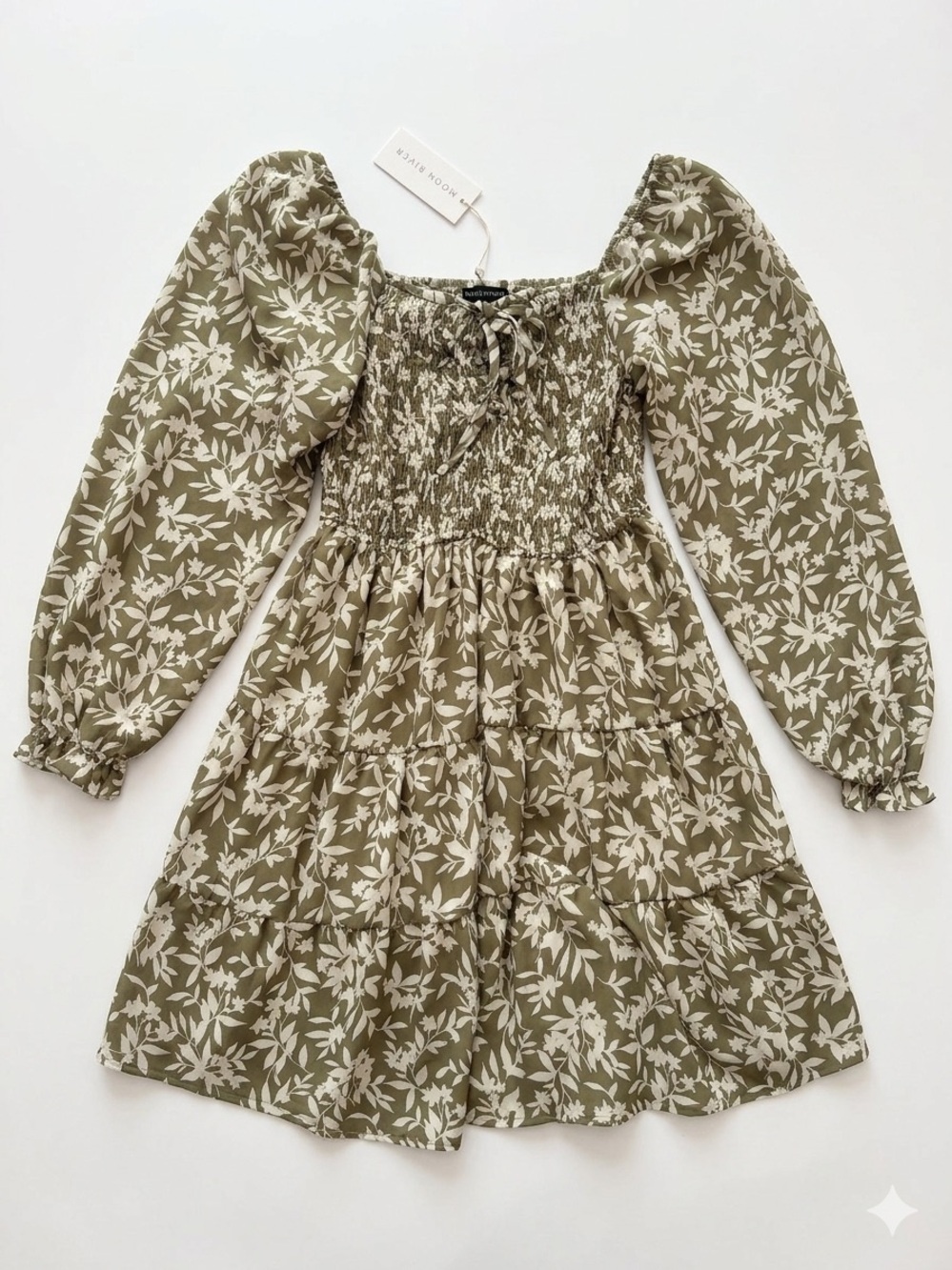 Moon River Olive Green Floral Smocked Tiered Dress | Small